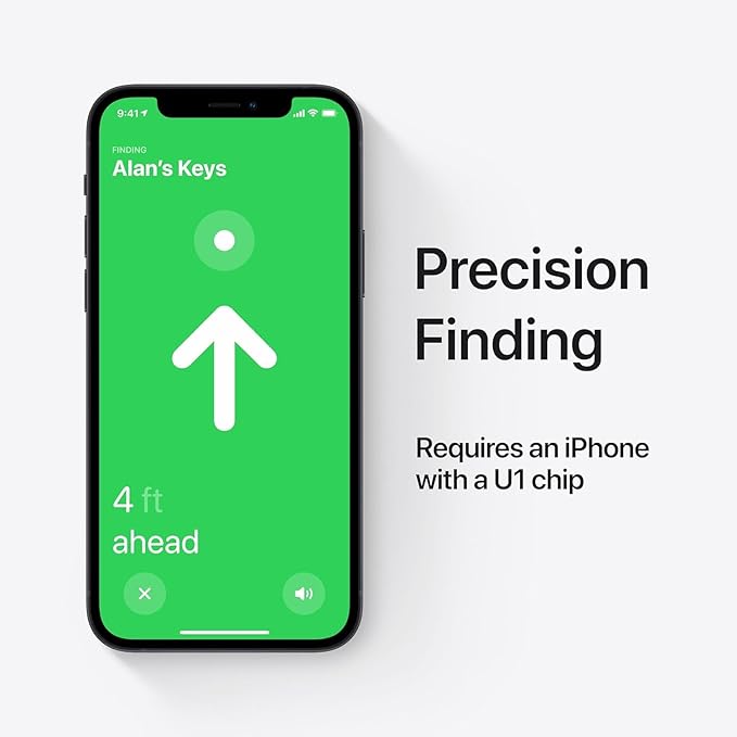 iPhone screen showing Apple AirTag Precision Finding with arrow guiding to lost keys.