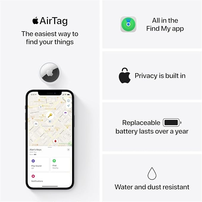 Apple AirTag features displayed with Find My app, privacy built-in, replaceable one-year battery, and water resistance.