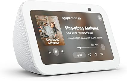 Amazon Echo Show 5 streaming music playlist with album cover on screen.