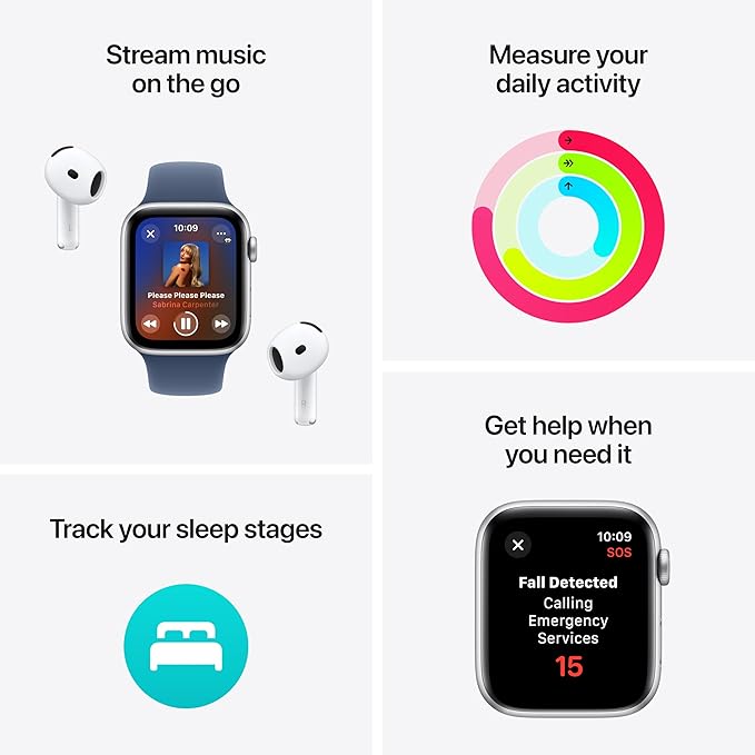 Apple Watch SE features including fall detection, sleep tracking, heart monitoring, and emergency SOS.