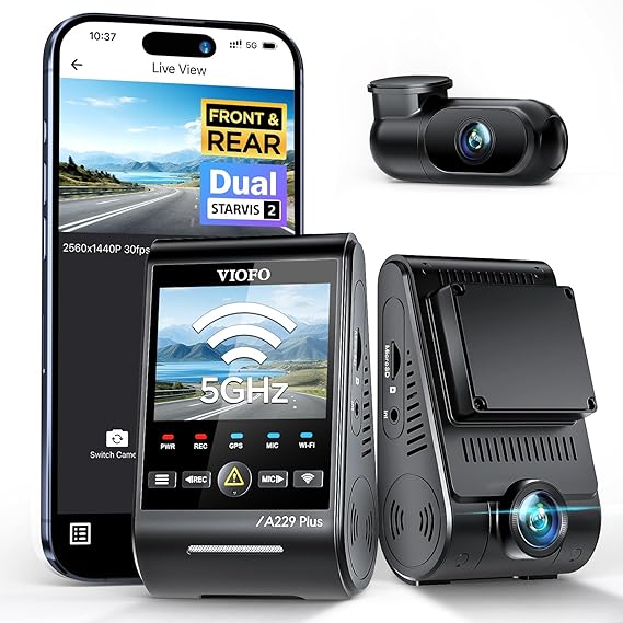 VIOFO A229 Plus dash cam with front and rear cameras, smartphone live view, and dual 5GHz Wi-Fi connection.