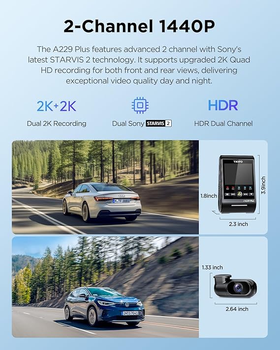 Dash cam with dual 2K front and rear recording, Sony STARVIS 2 sensors, HDR technology, and compact size dimensions.