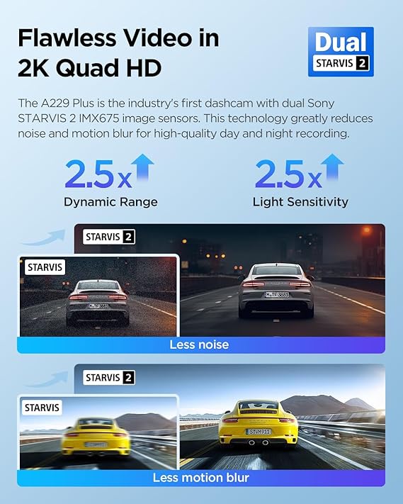 Dash cam HDR feature comparison showing bright, clear road details in tunnels and upgraded 2K rear camera recording.