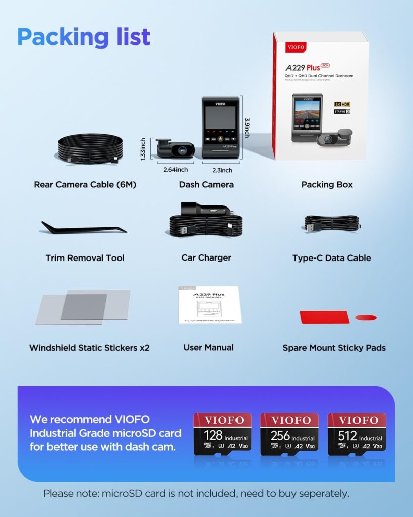Complete dash cam package contents including front and rear cameras, cables, charger, user manual, mounting pads, and recommended VIOFO microSD cards.