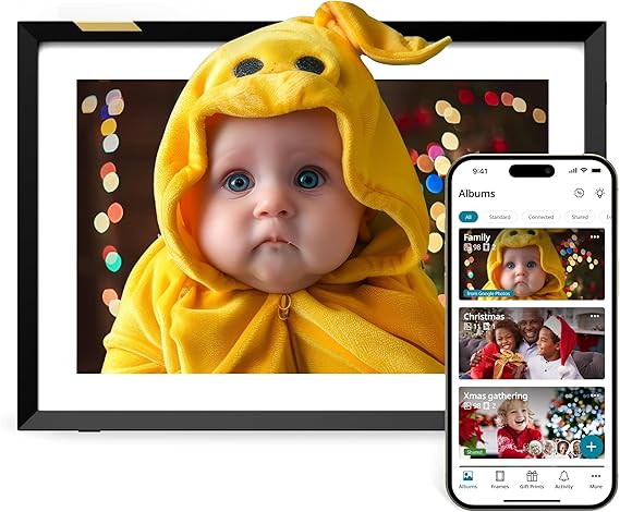 Digital photo frame displaying a baby in a yellow outfit, synced with smartphone app for easy photo sharing.
