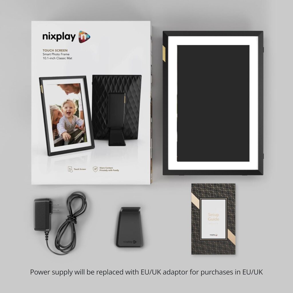 Digital picture frame packaging showing frame, stand, power adapter, and setup guide included in the box.