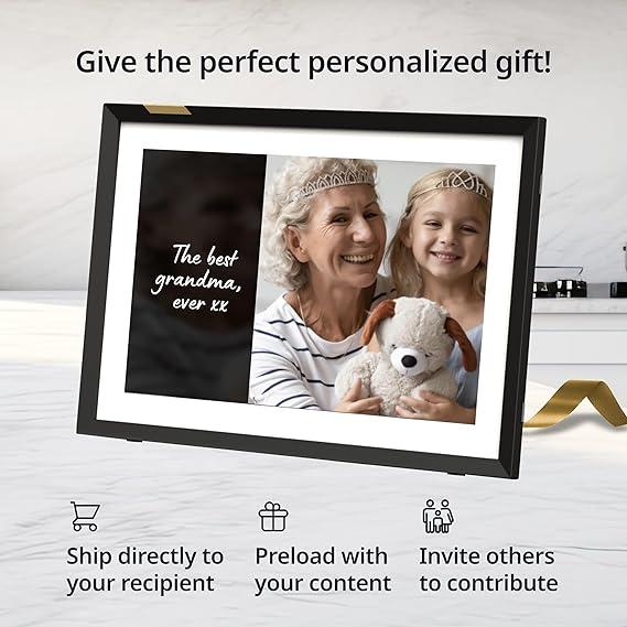 Digital picture frame on counter showing personalized message for grandma, highlighting gift potential for family.
