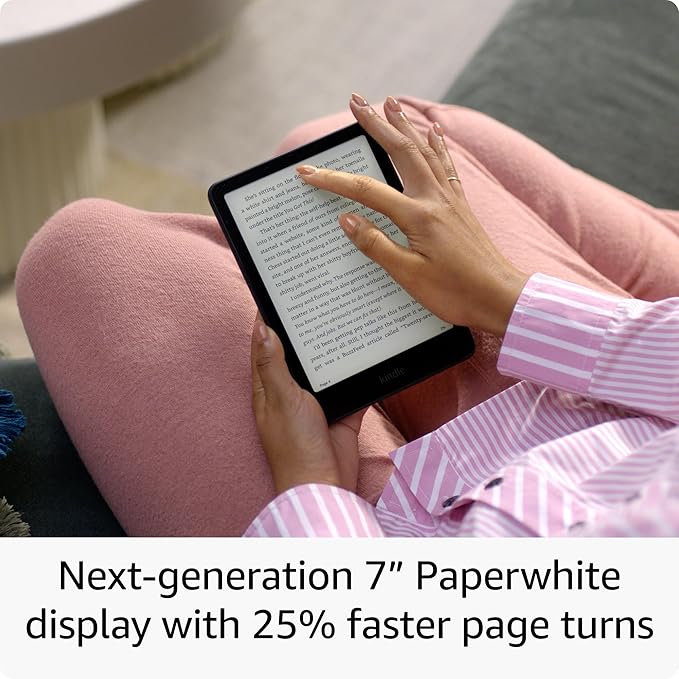 Person holding Kindle Paperwhite reading comfortably with glare-free display.