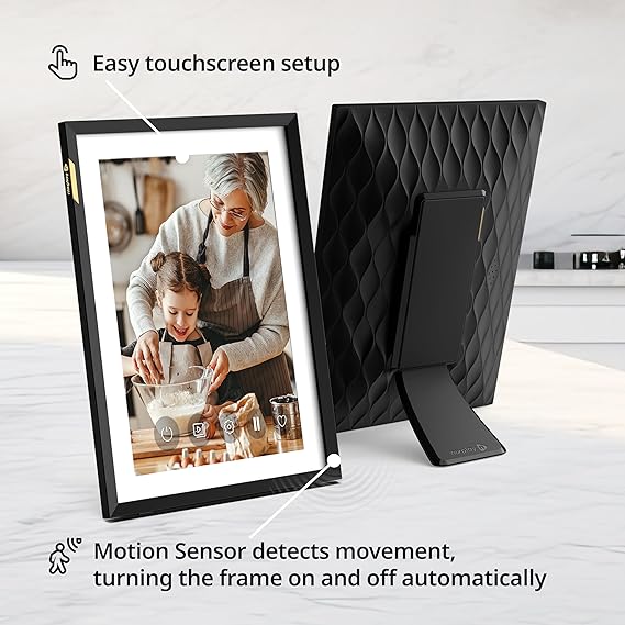Digital picture frame with motion sensor and easy touchscreen setup, displaying grandmother and child baking.