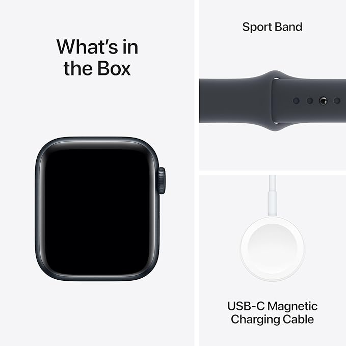 Apple Watch SE box contents including watch face, sport band, and USB-C magnetic charging cable.