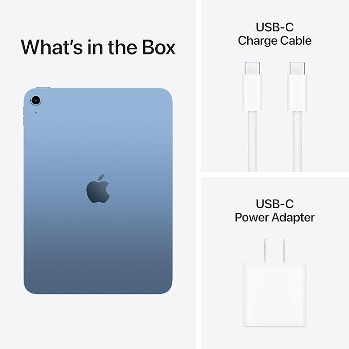 Apple iPad packaging contents including USB-C charging cable and power adapter.
