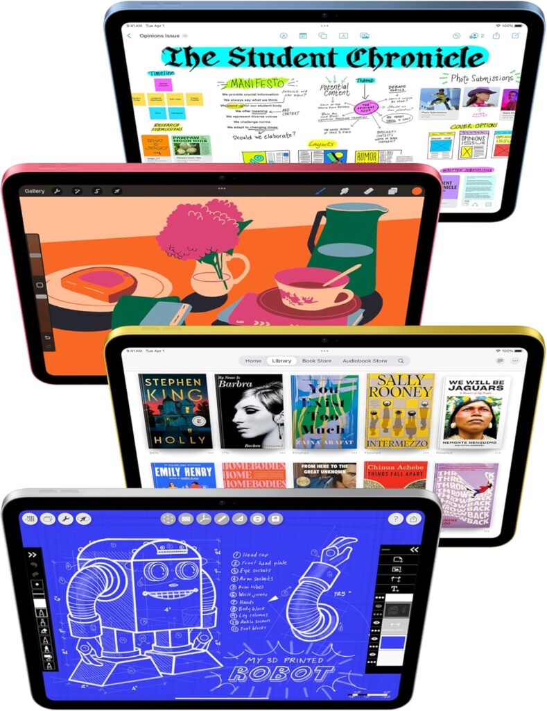 Apple iPads in multiple colors including blue, pink, yellow, and silver, displayed with apps.