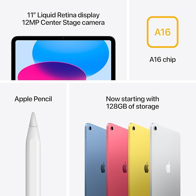 Apple iPad features including 11-inch Liquid Retina display, 12MP Center Stage camera, A16 chip, Apple Pencil support, and 128GB storage.