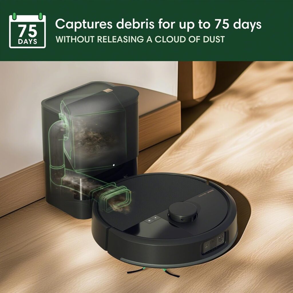 Roomba self-emptying base captures debris for up to 75 days without dust clouds.