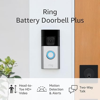 Ring Doorbell Plus showing features like HD video, motion detection, and two-way talk