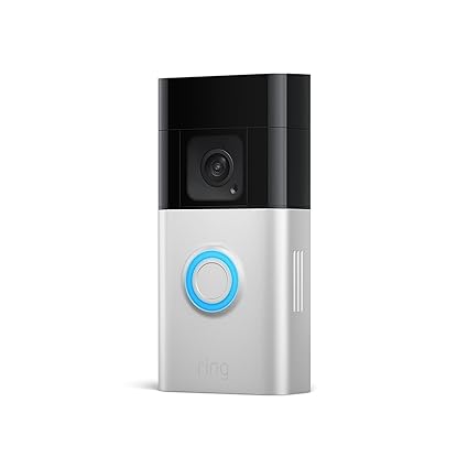 Front view of Ring Battery Doorbell Plus with glowing blue ring button.