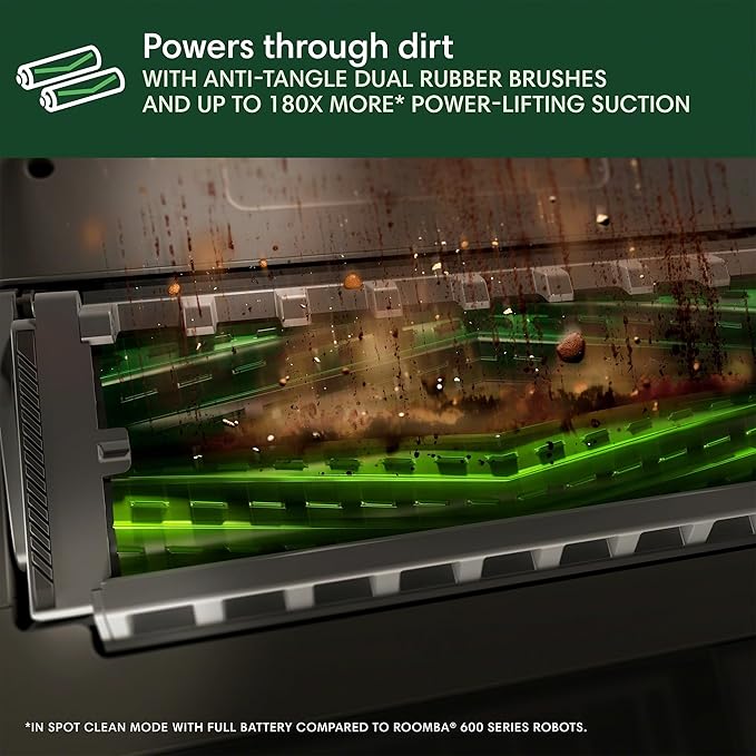 Close-up of Roomba’s dual anti-tangle rubber brushes cleaning dirt and debris.