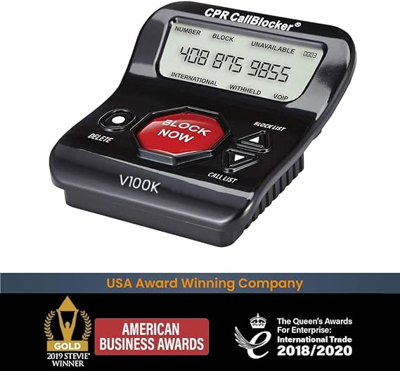 CPR Call Blocker V100K shown with American Business Award and Queen’s Award logos for innovation.
