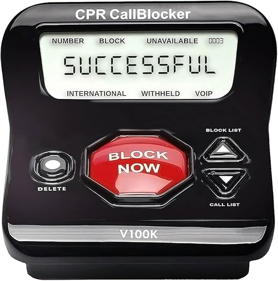 Close-up of CPR V100K Call Blocker with Block Now button and digital display.