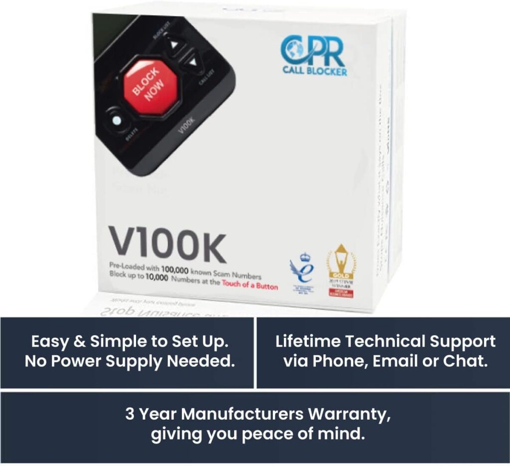 CPR Call Blocker V100K box showing easy setup instructions and warranty details.