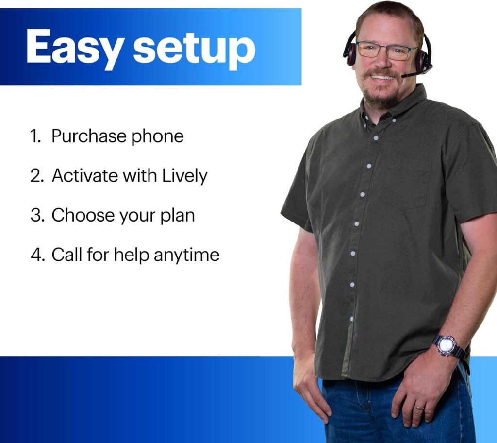Easy setup guide for Jitterbug smartphone with customer support representative wearing headset.