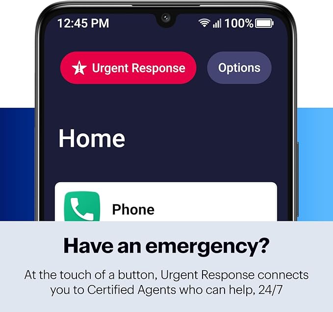 Jitterbug smartphone screen showing large urgent response emergency button for seniors.