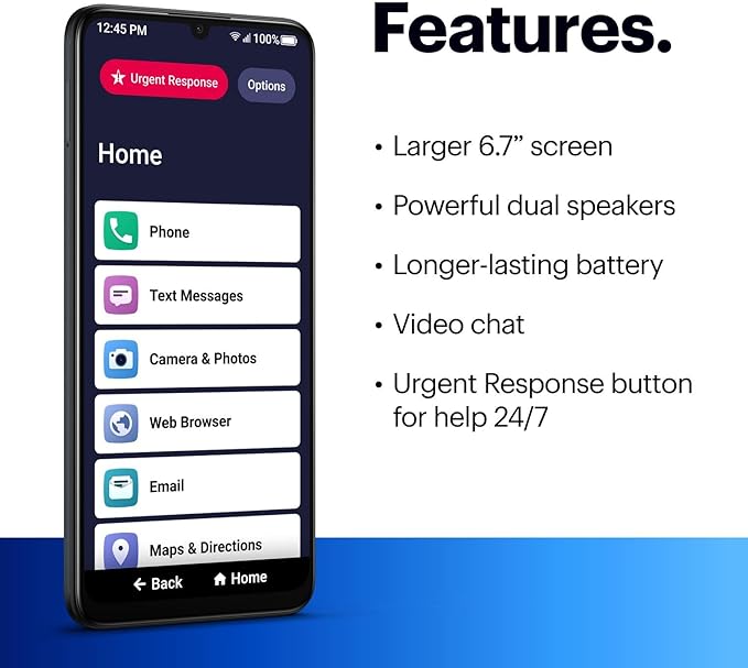 Jitterbug smartphone features list including large 6.7-inch screen, dual speakers, video chat, and emergency help button.
