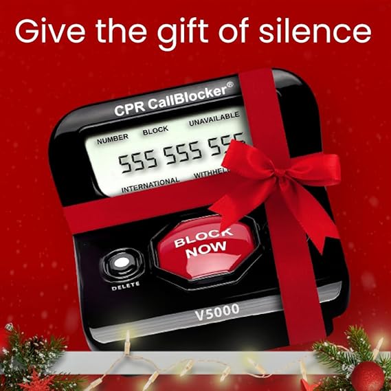 CPR Call Blocker V100K presented as a gift with ribbon, slogan give the gift of silence.