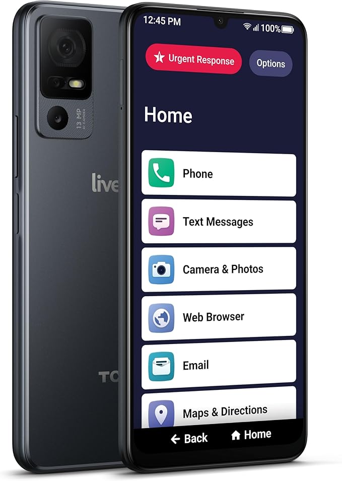 Jitterbug smartphone home screen with large icons for phone, text messages, camera, email, and maps.