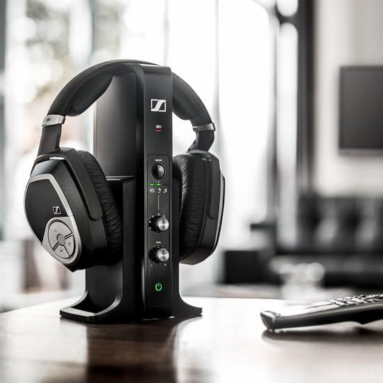 Sennheiser RS 195 headphones resting on charging dock with sleek, modern design.