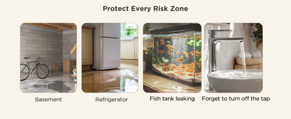 Water pooling in basement and around refrigerator with Govee leak sensors placed nearby.