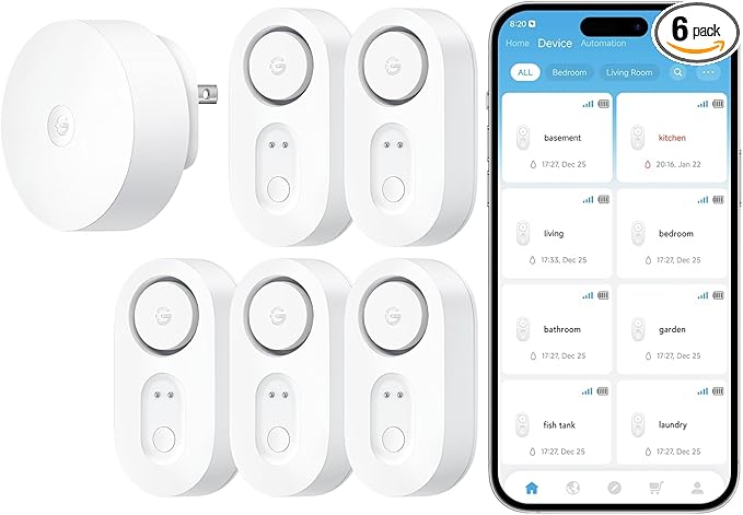 Close-up of Govee leak sensor 6-pack with smartphone app showing alerts for basement, kitchen, and laundry.