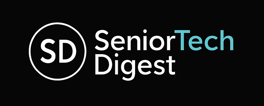 SeniorTechDigest logo with SD monogram and brand name highlighting Tech in blue, on a black background.