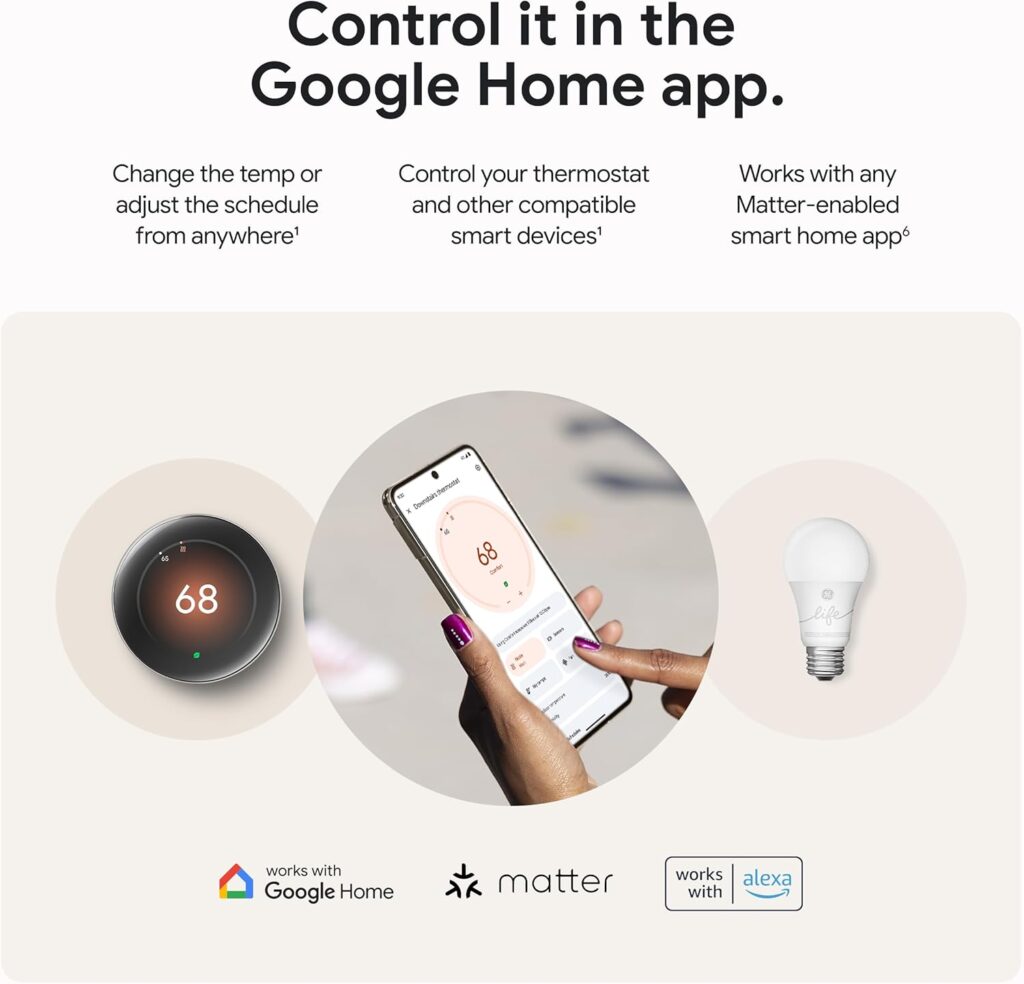 Controlling Nest thermostat in the Google Home app with Matter and Alexa logos