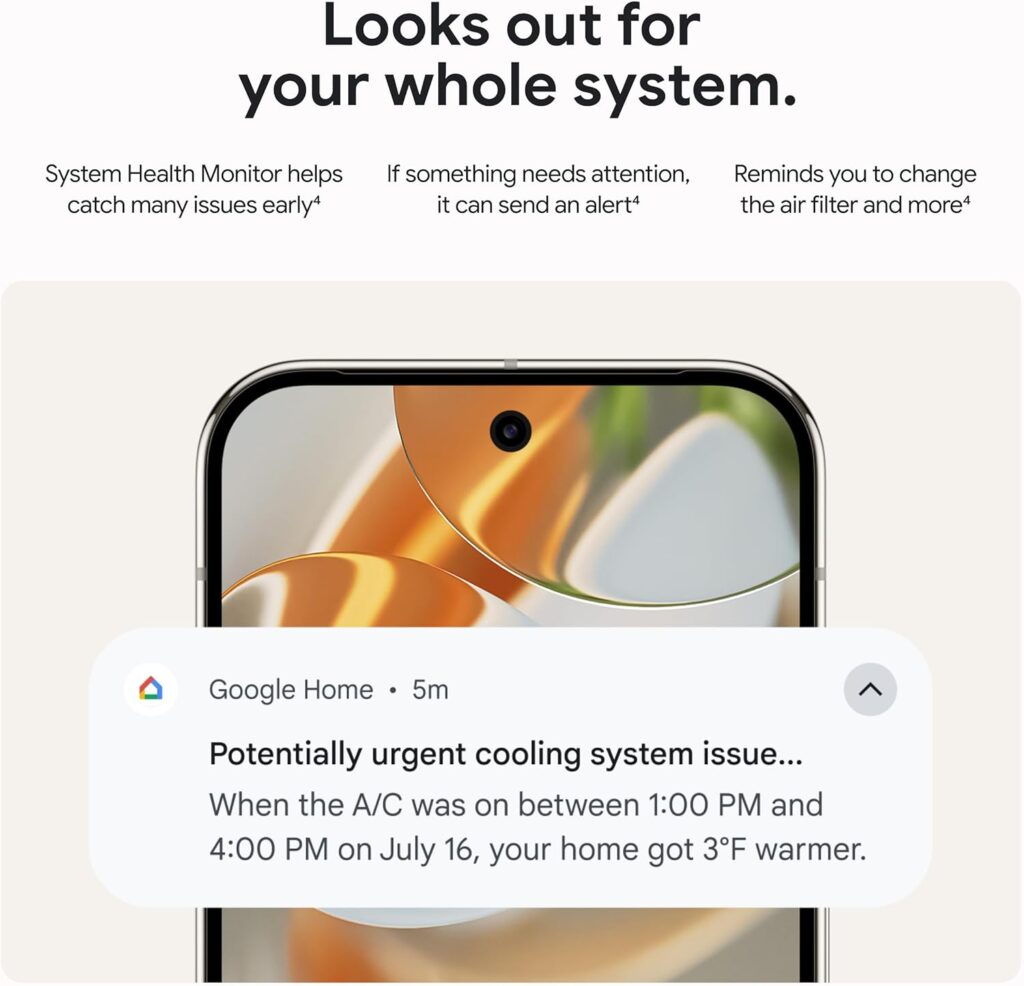 Google Home alert about a potential cooling system issue displayed on a smartphone