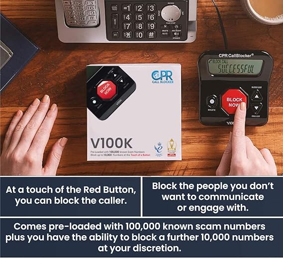 Hands using CPR Call Blocker V100K with home phone, highlighting preloaded scam numbers feature.