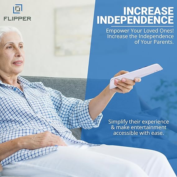 Senior woman using Flipper Remote on couch, enjoying simple TV control and independence.