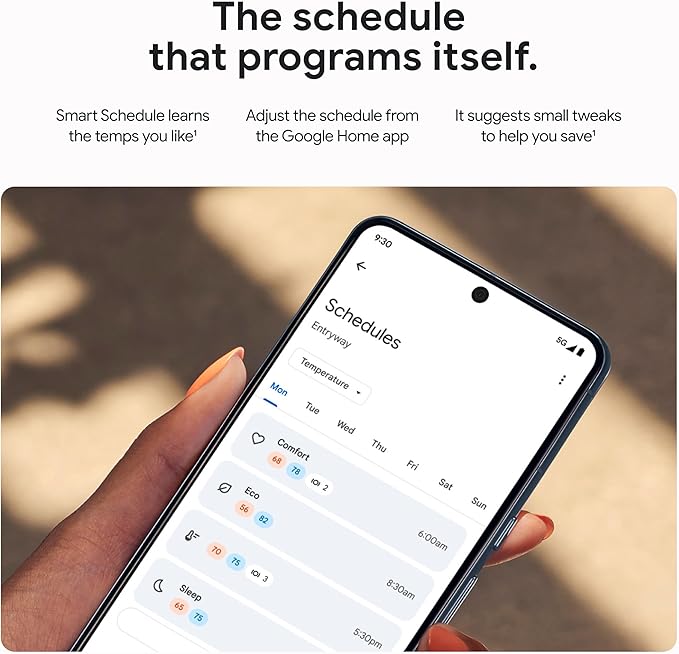 Smart Schedule screen in the Google Home app with comfort, eco, and sleep temperature periods