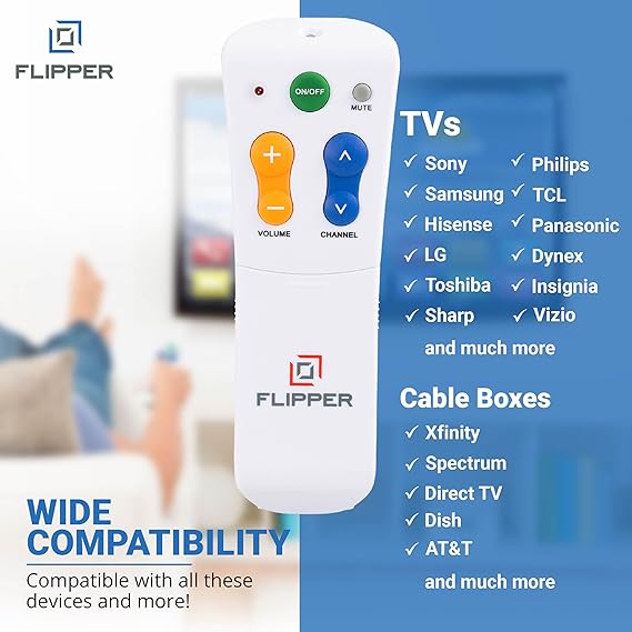 Flipper Remote compatibility chart showing supported TV brands and cable providers like Sony, Samsung, LG, Vizio, and Xfinity.